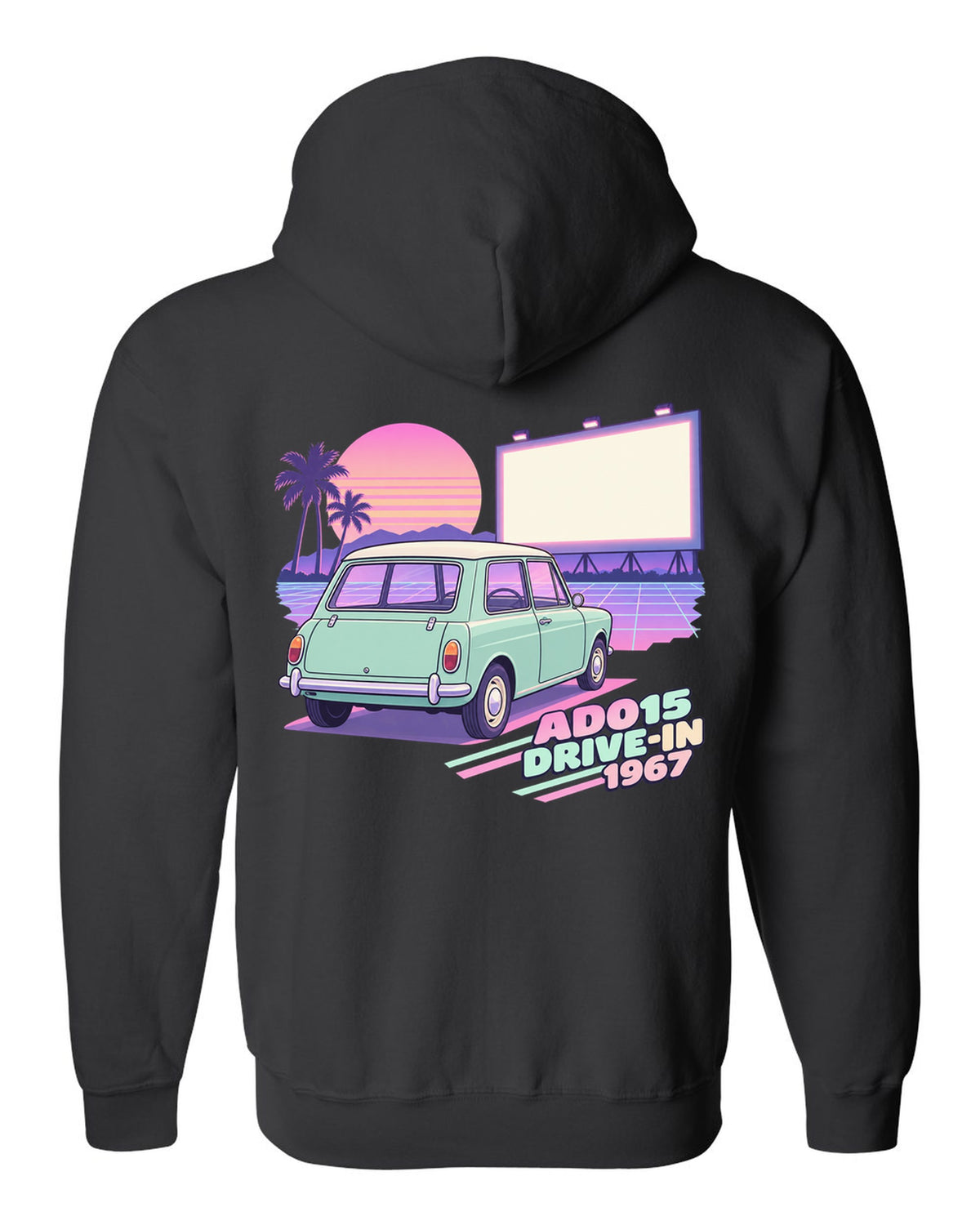 Pastel vaporwave drive-in scene with a 1967 classic Mini Cooper ADO15 black zip hoodie back view with the design