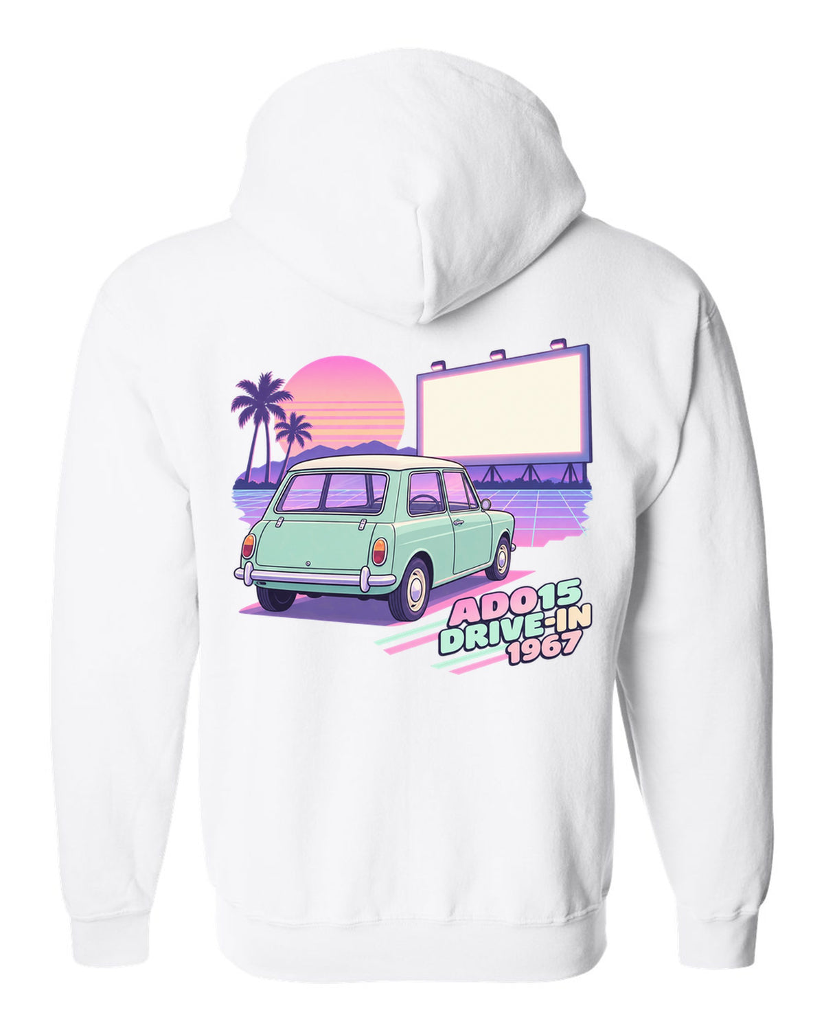Pastel vaporwave drive-in scene with a 1967 classic Mini Cooper ADO15 white zip hoodie back view with the design