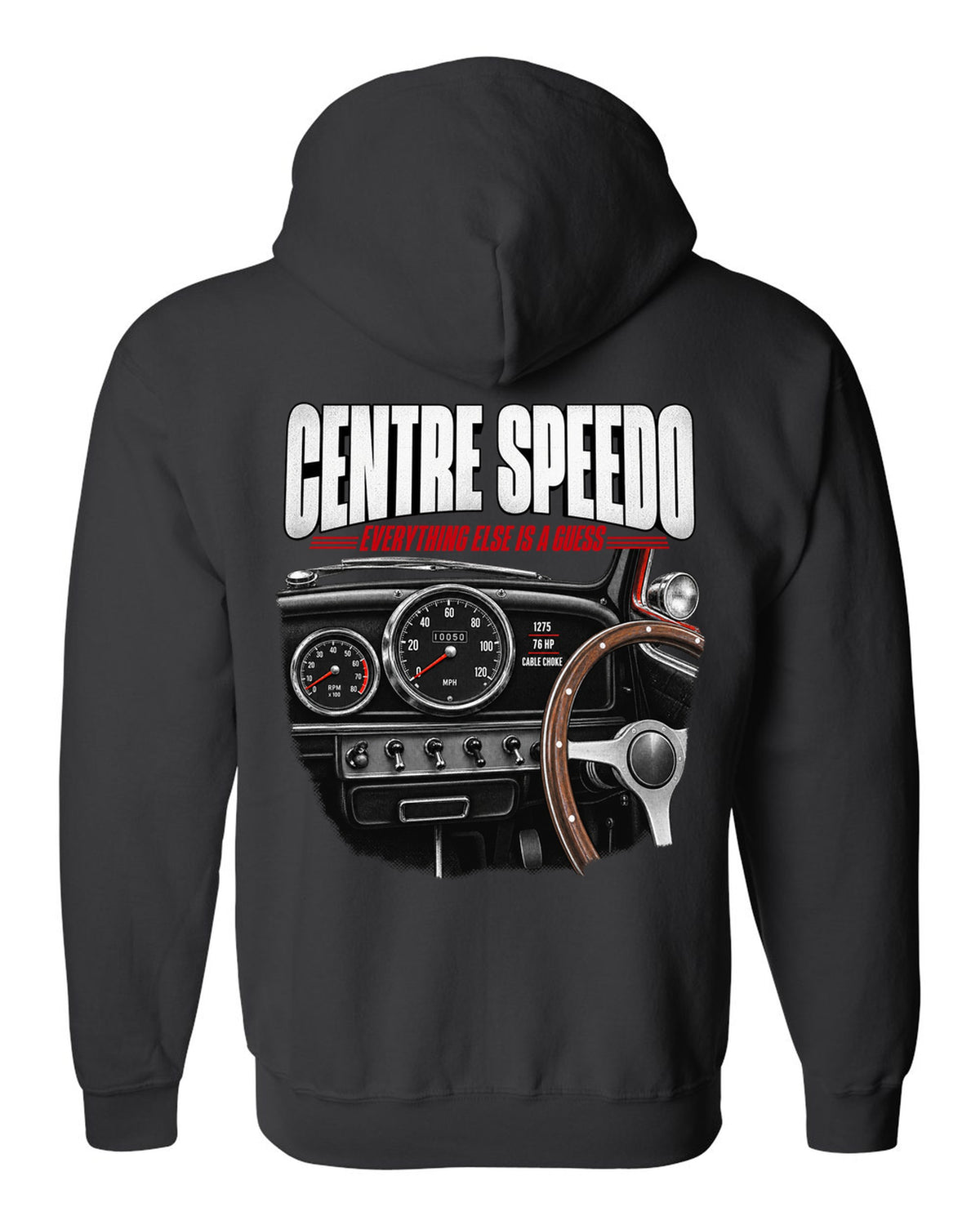 print of the 1967 Classic Mini Cooper S interior with centre speedometer and 1275 spec lettering black zip hoodie back view with the design