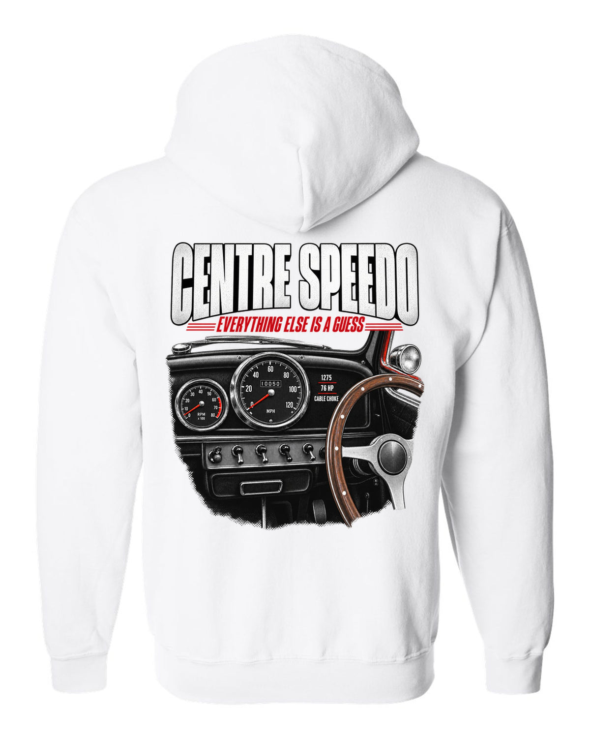 print of the 1967 Classic Mini Cooper S interior with centre speedometer and 1275 spec lettering white zip hoodie back view with the design