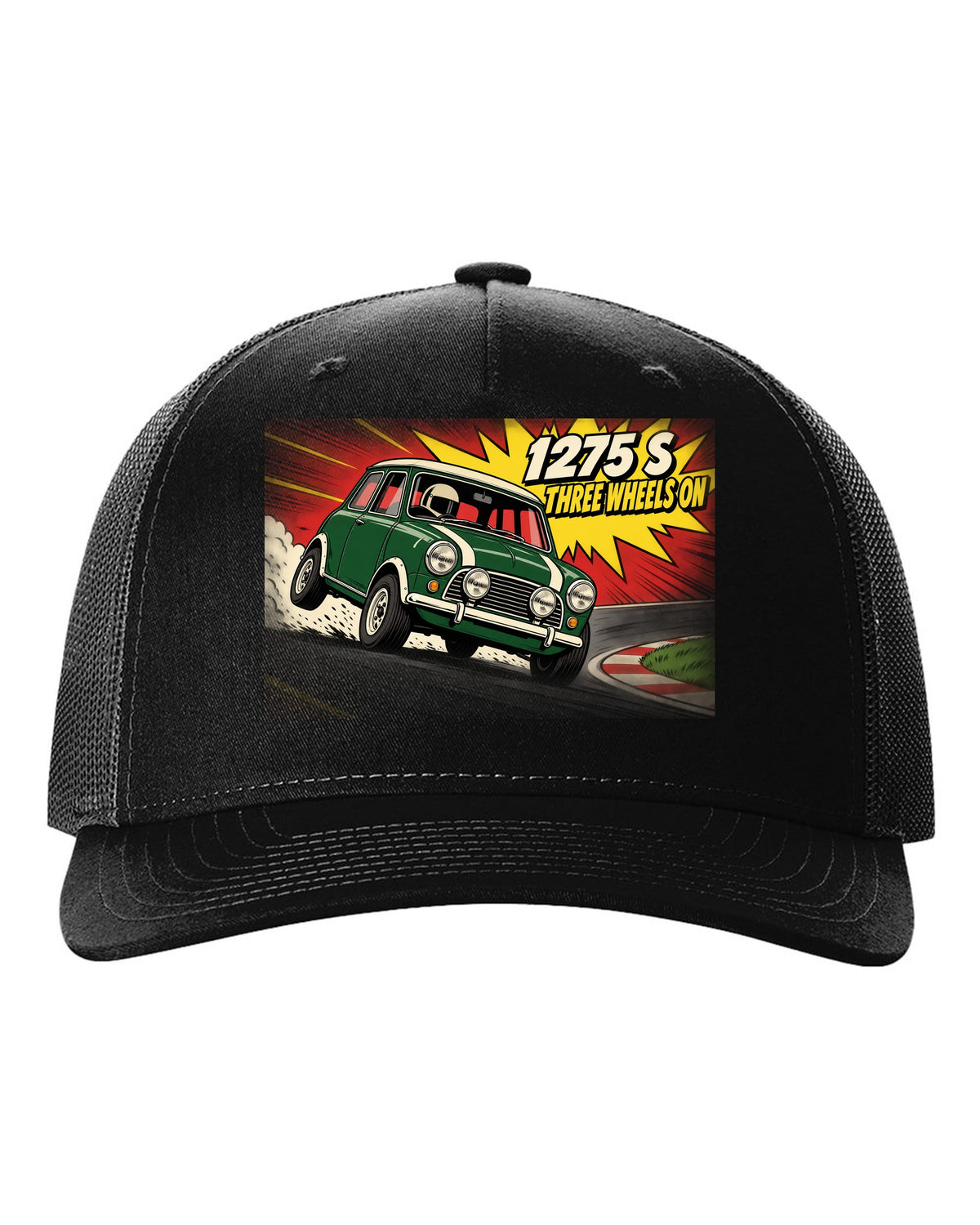 Pop-art flat colour print of a Classic Mini Cooper S 1275 S on three wheels with speed lines black hat front view with the design