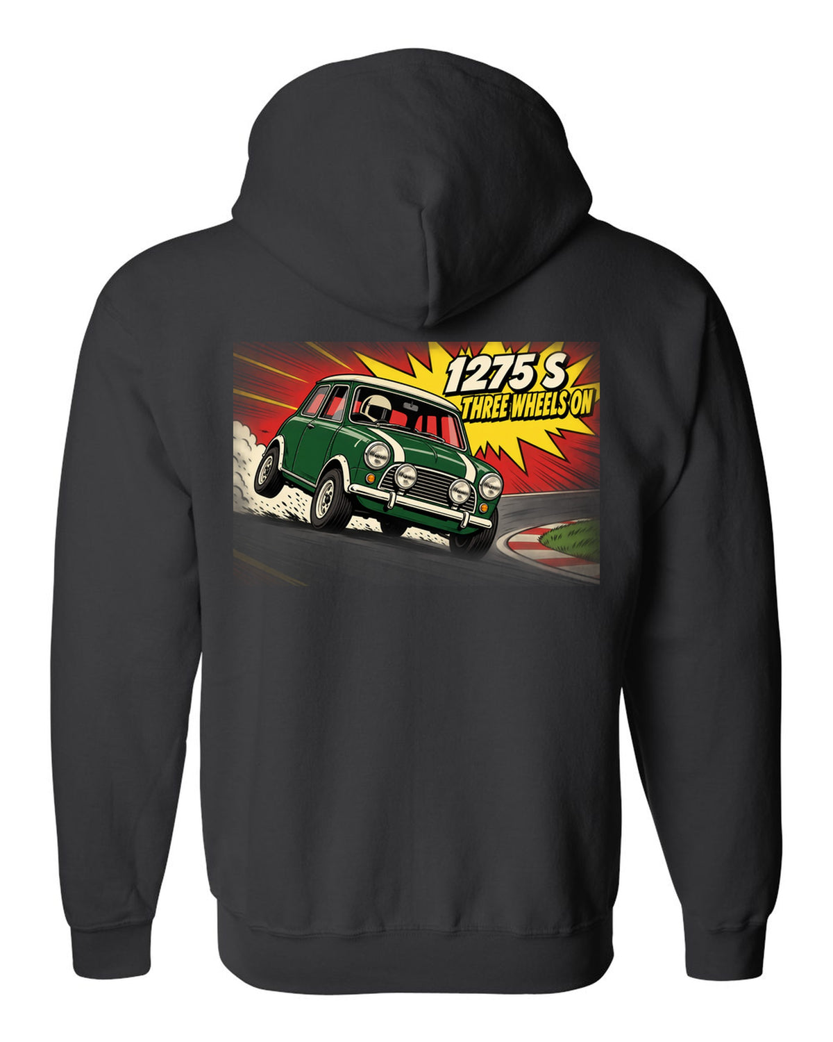 Pop-art flat colour print of a Classic Mini Cooper S 1275 S on three wheels with speed lines black zip hoodie back view with the design