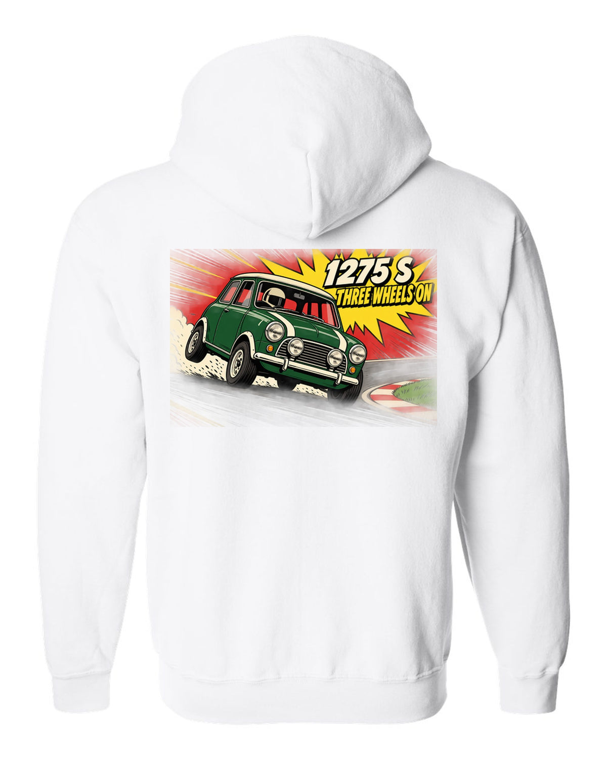 Pop-art flat colour print of a Classic Mini Cooper S 1275 S on three wheels with speed lines white zip hoodie back view with the design
