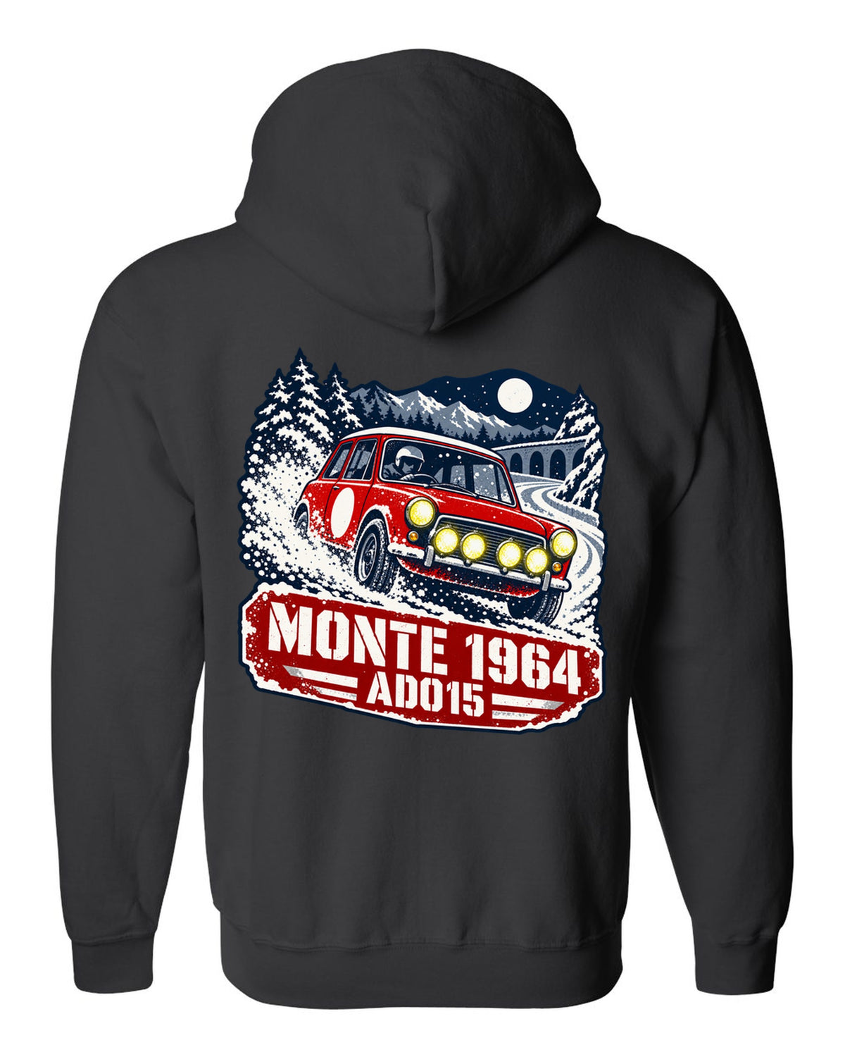 Stencil rally poster print of a Classic Mini Cooper S ADO15 on a night stage for Monte 1964 black zip hoodie back view with the design