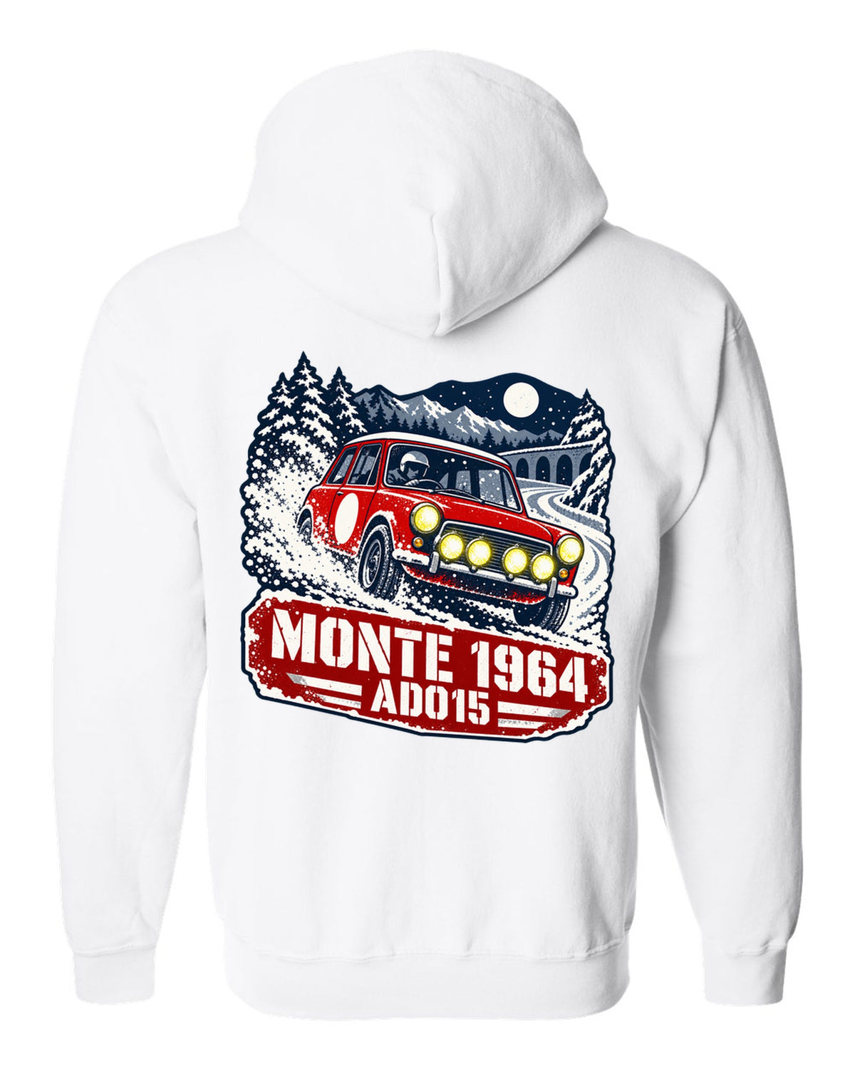Stencil rally poster print of a Classic Mini Cooper S ADO15 on a night stage for Monte 1964 white zip hoodie back view with the design