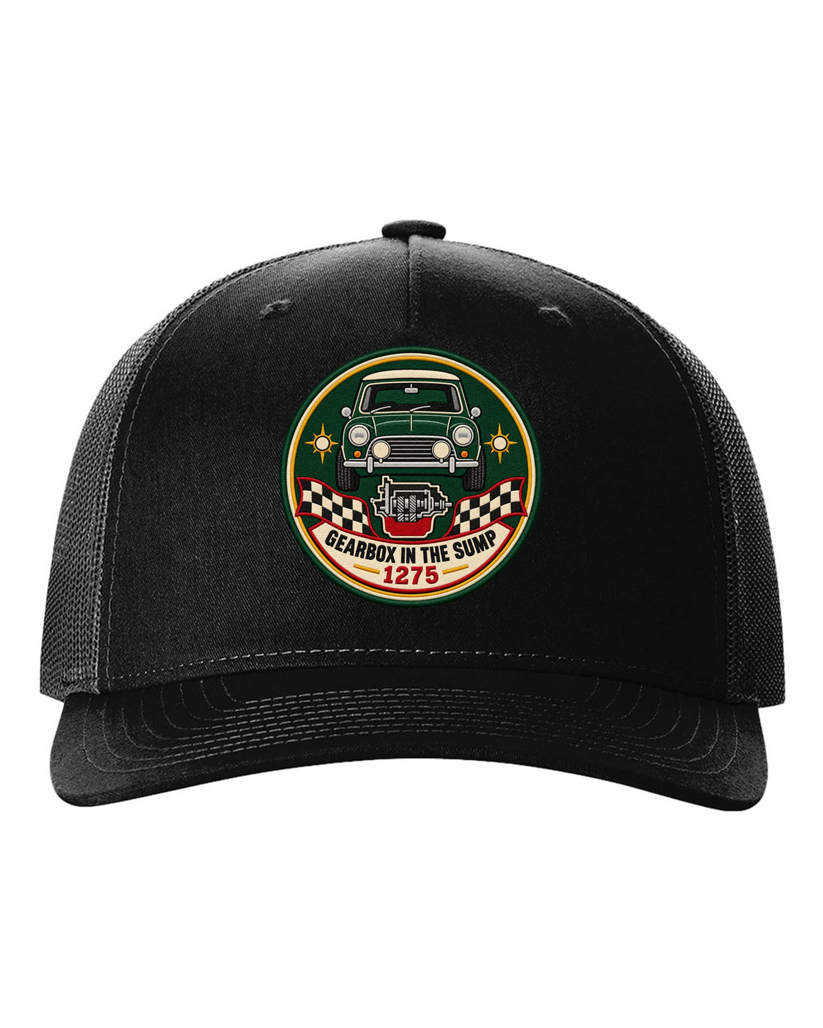 Round crest for the classic Mini Cooper S ADO15 with gearbox in the sump lettering black hat front view with the design
