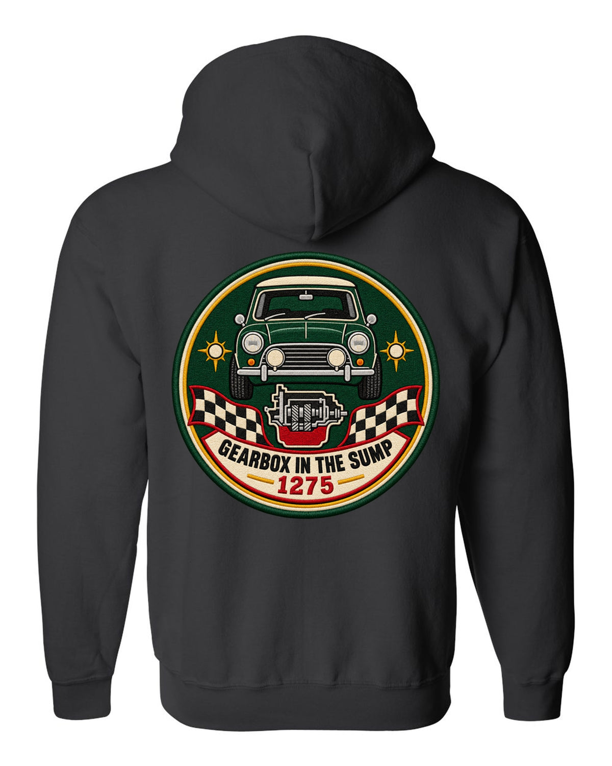 Round crest for the classic Mini Cooper S ADO15 with gearbox in the sump lettering black zip hoodie back view with the design