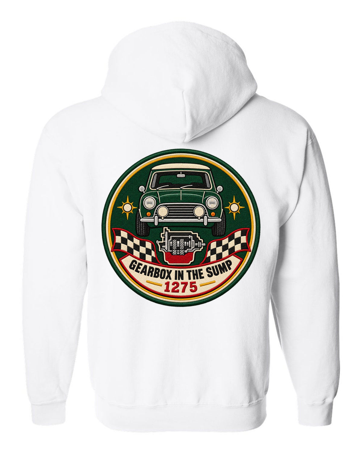 Round crest for the classic Mini Cooper S ADO15 with gearbox in the sump lettering white zip hoodie back view with the design