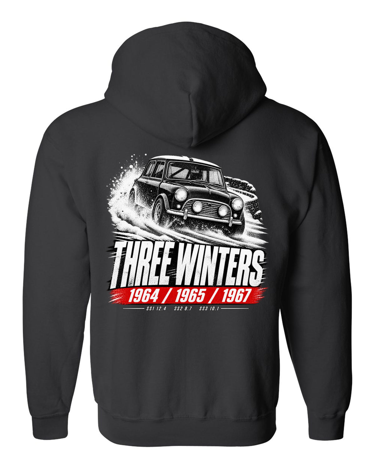 Race poster print of a 1964 Classic Mini Cooper S Mk I rally car with three winters text black zip hoodie back view with the design