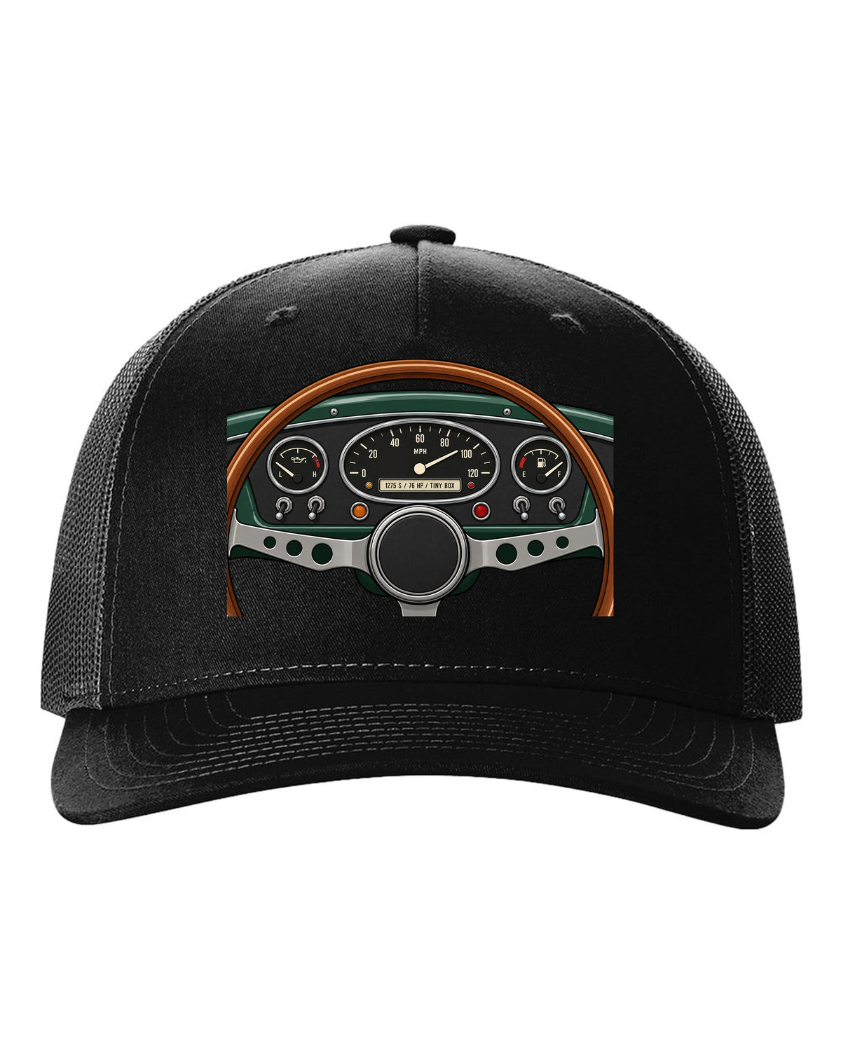 Gauge cluster readout for a classic Mini Cooper S with 1275 S and 76 HP black hat front view with the design