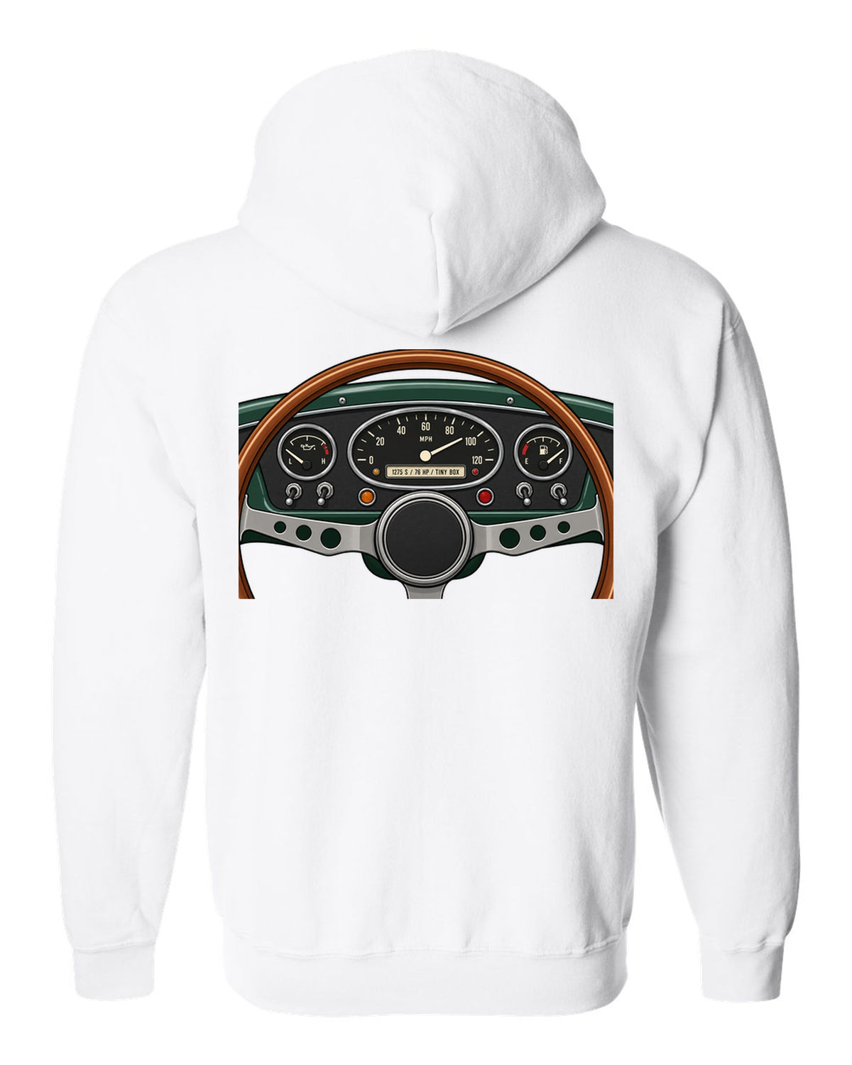 Gauge cluster readout for a classic Mini Cooper S with 1275 S and 76 HP white zip hoodie back view with the design