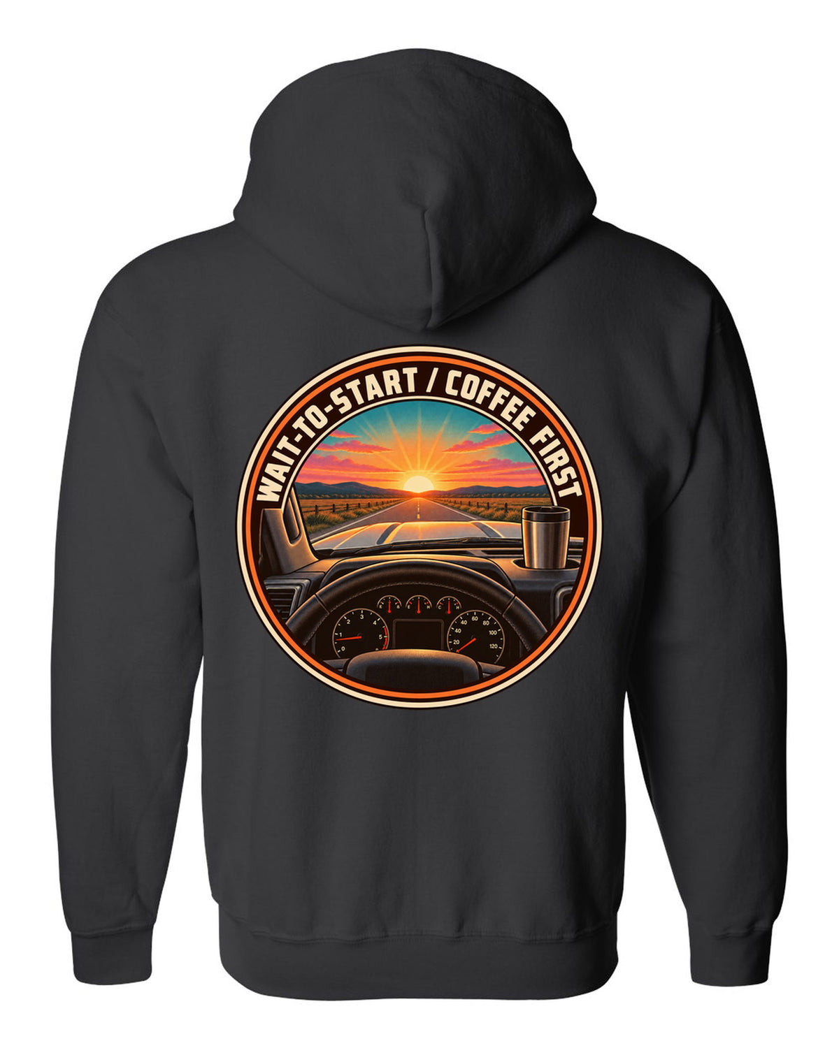 Retro sunset crest print for a 2010-2018 Ram 2500 6.7 Cummins with wait-to-start coffee first text black zip hoodie back view with the design