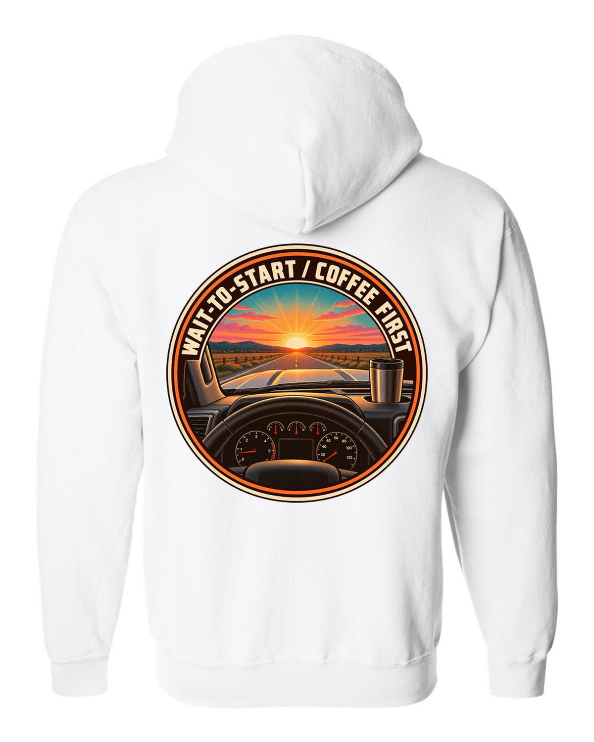 Retro sunset crest print for a 2010-2018 Ram 2500 6.7 Cummins with wait-to-start coffee first text white zip hoodie back view with the design