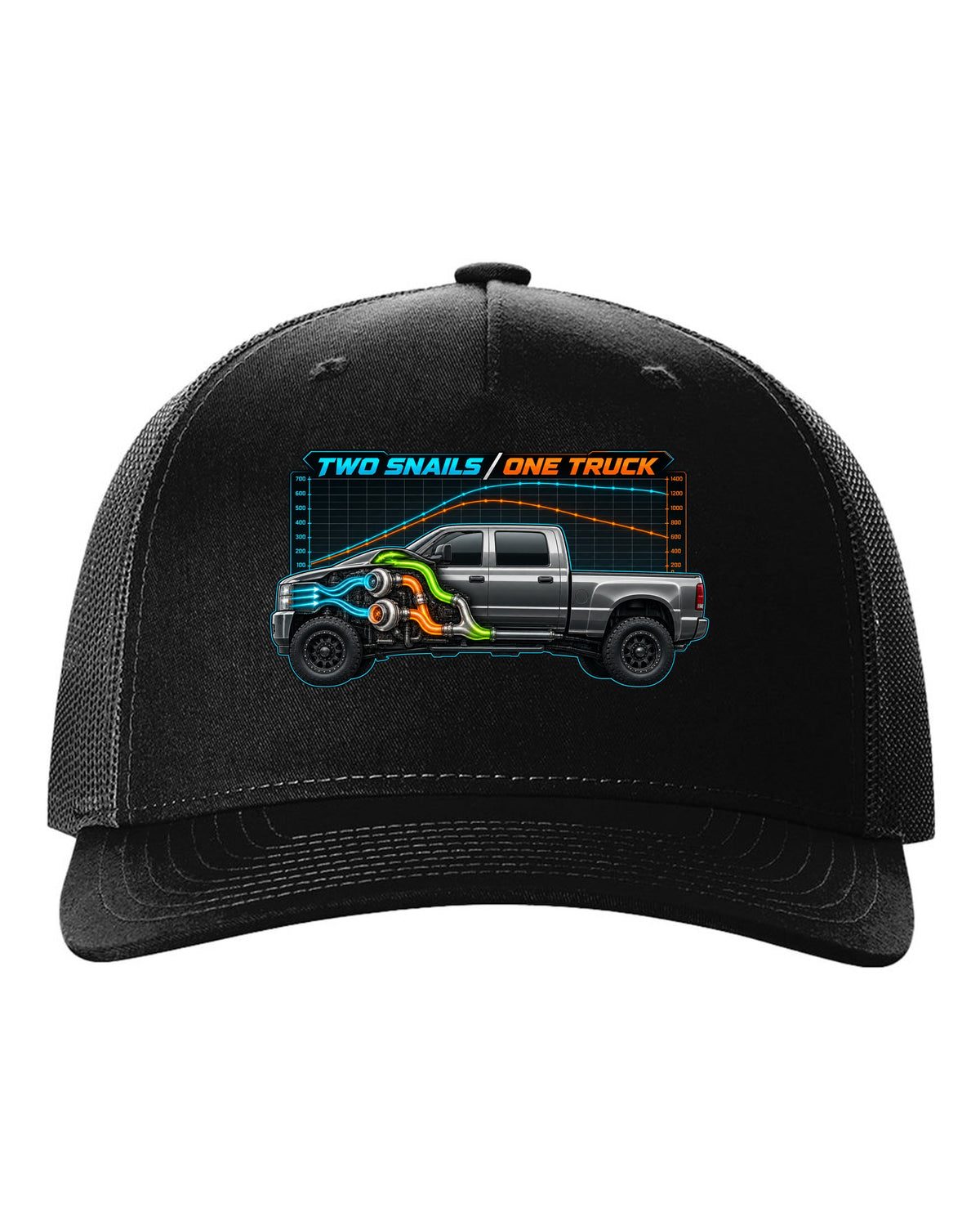Dyno chart and gauge print of a 2003-2009 Dodge Ram 2500 Cummins compound turbo with two snails one truck text black hat front view with the design