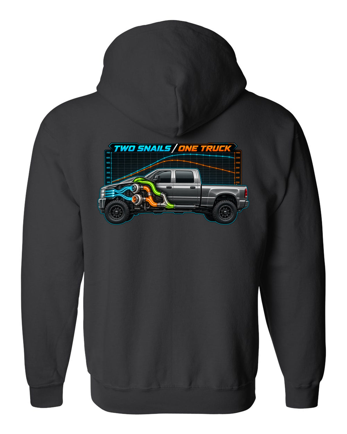 Dyno chart and gauge print of a 2003-2009 Dodge Ram 2500 Cummins compound turbo with two snails one truck text black zip hoodie back view with the design