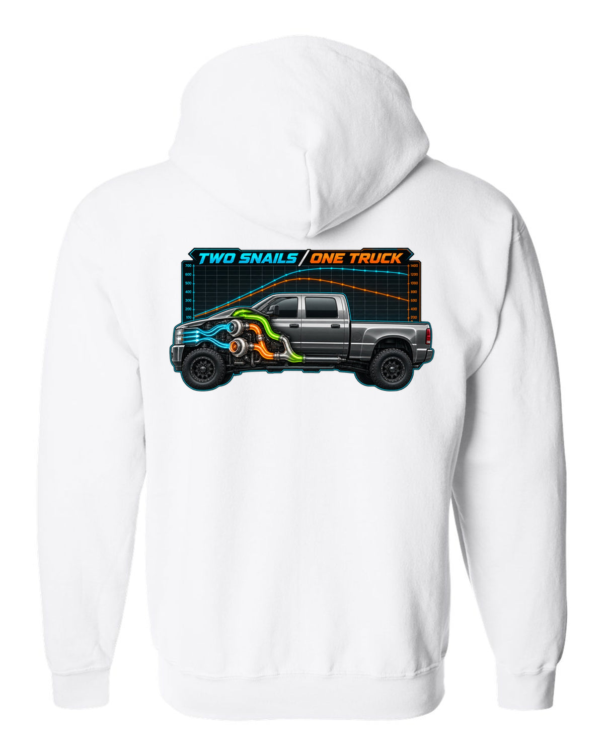 Dyno chart and gauge print of a 2003-2009 Dodge Ram 2500 Cummins compound turbo with two snails one truck text white zip hoodie back view with the design