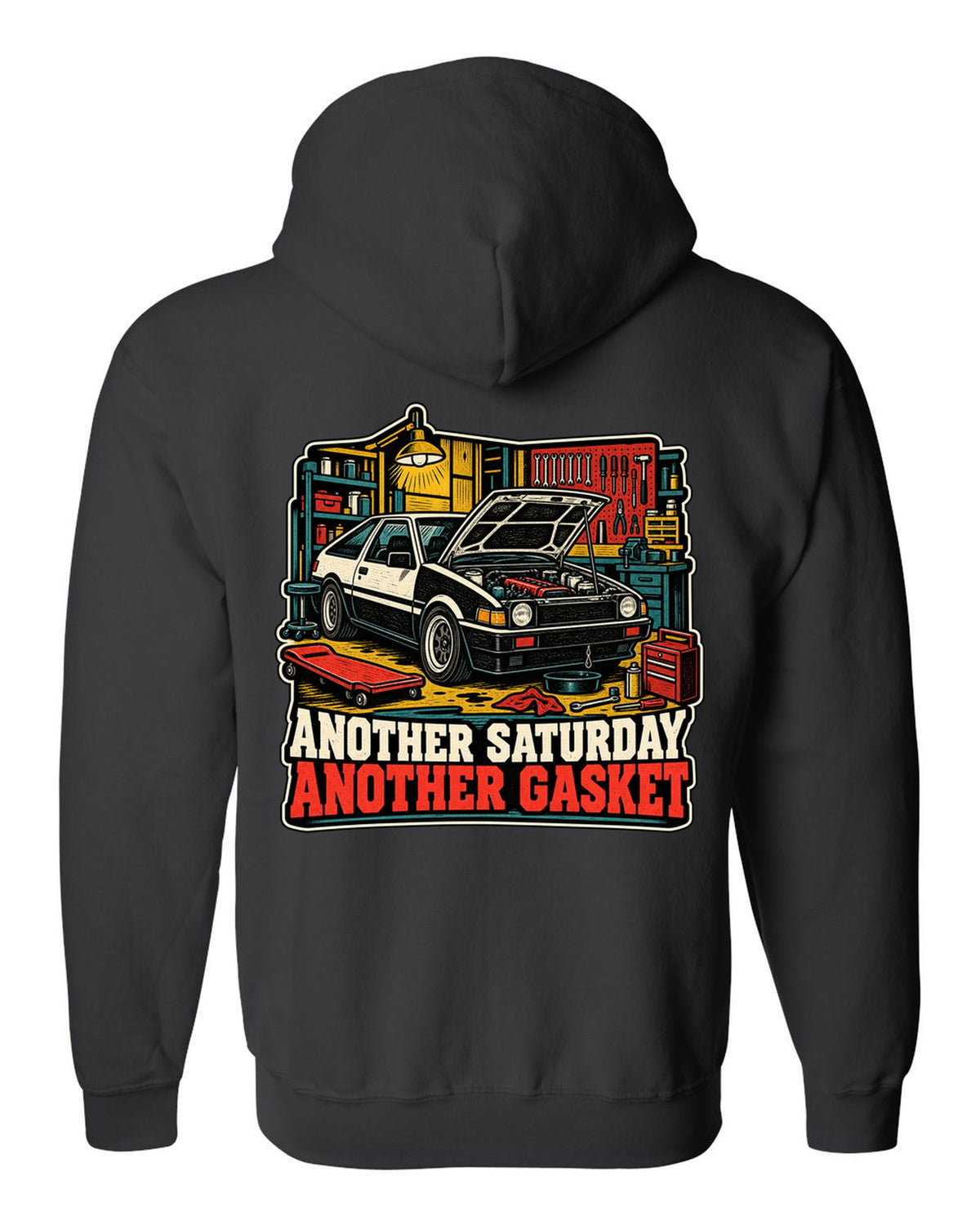 Linocut woodcut-style Toyota Corolla Levin AE86 with garage Saturday slogan black zip hoodie back view with the design