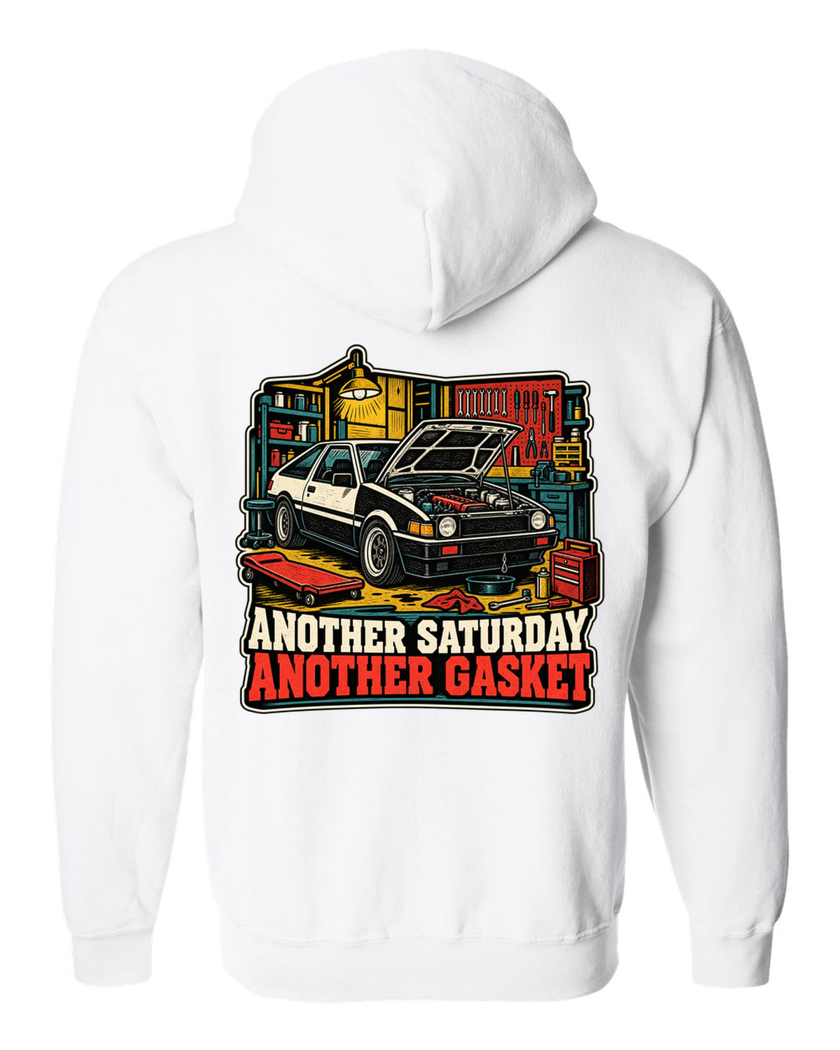 Linocut woodcut-style Toyota Corolla Levin AE86 with garage Saturday slogan white zip hoodie back view with the design