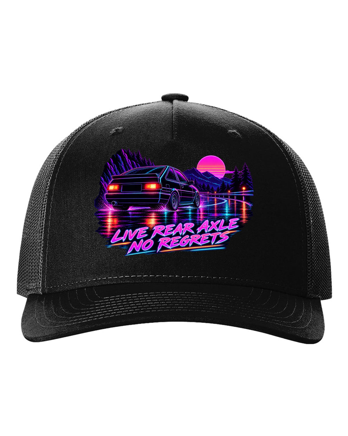 Neon synthwave line art print of a Toyota Corolla Levin AE86 with Live Rear Axle lettering black hat front view with the design