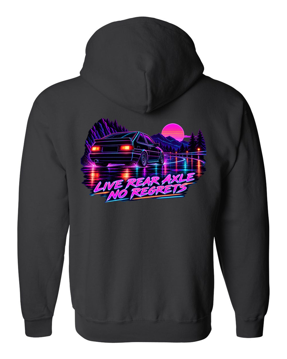 Neon synthwave line art print of a Toyota Corolla Levin AE86 with Live Rear Axle lettering black zip hoodie back view with the design