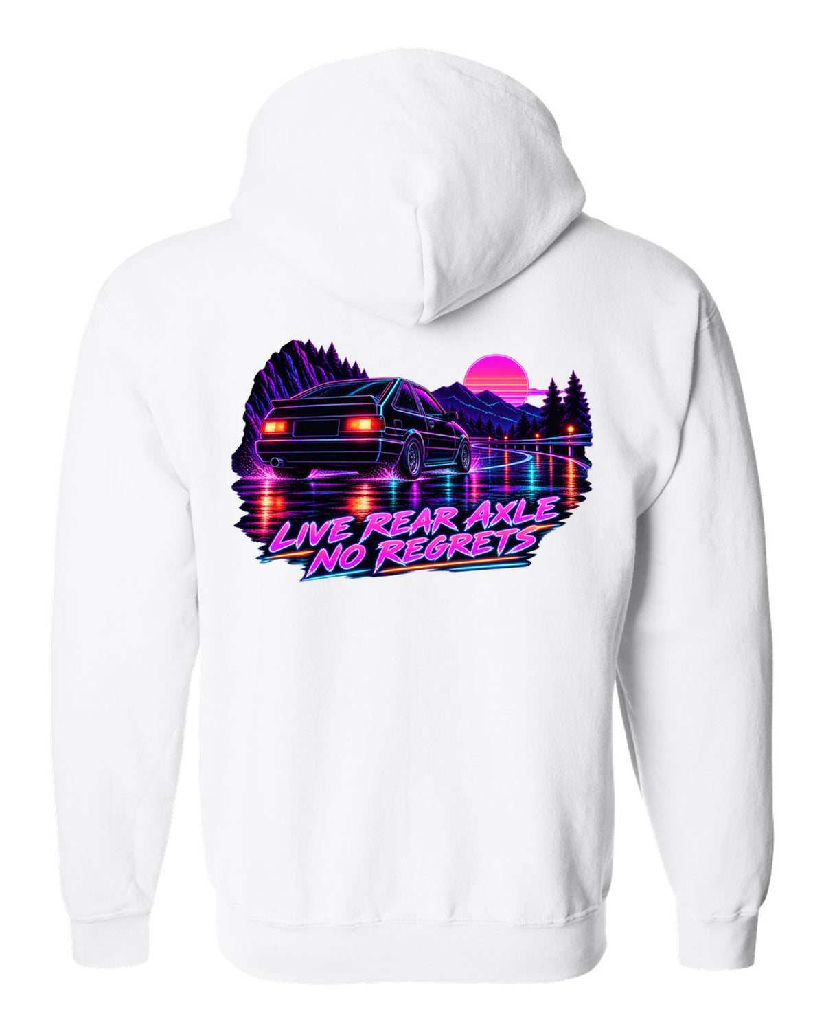 Neon synthwave line art print of a Toyota Corolla Levin AE86 with Live Rear Axle lettering white zip hoodie back view with the design