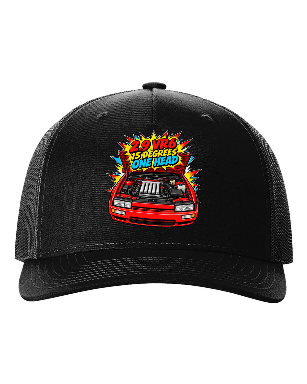 Comic halftone pop-art VW Corrado VR6 with 2.9 VR6 15 degrees one head text black hat front view with the design