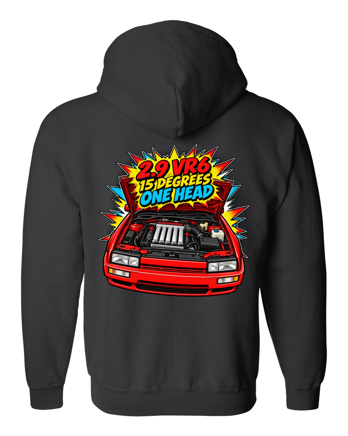Comic halftone pop-art VW Corrado VR6 with 2.9 VR6 15 degrees one head text black zip hoodie back view with the design