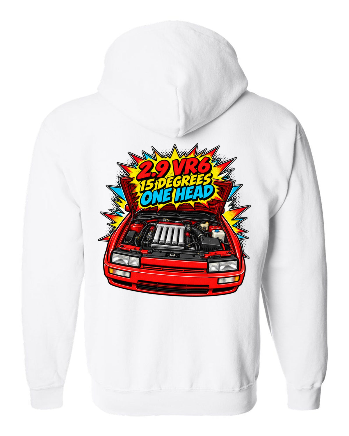 Comic halftone pop-art VW Corrado VR6 with 2.9 VR6 15 degrees one head text white zip hoodie back view with the design