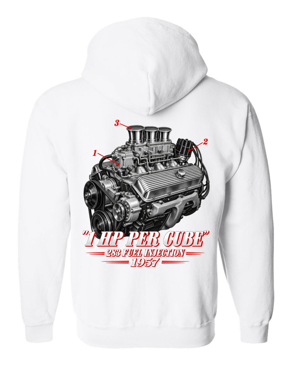 Chevrolet Corvette C1 1957 fuel-injected 283 engine print white zip hoodie back view with the design