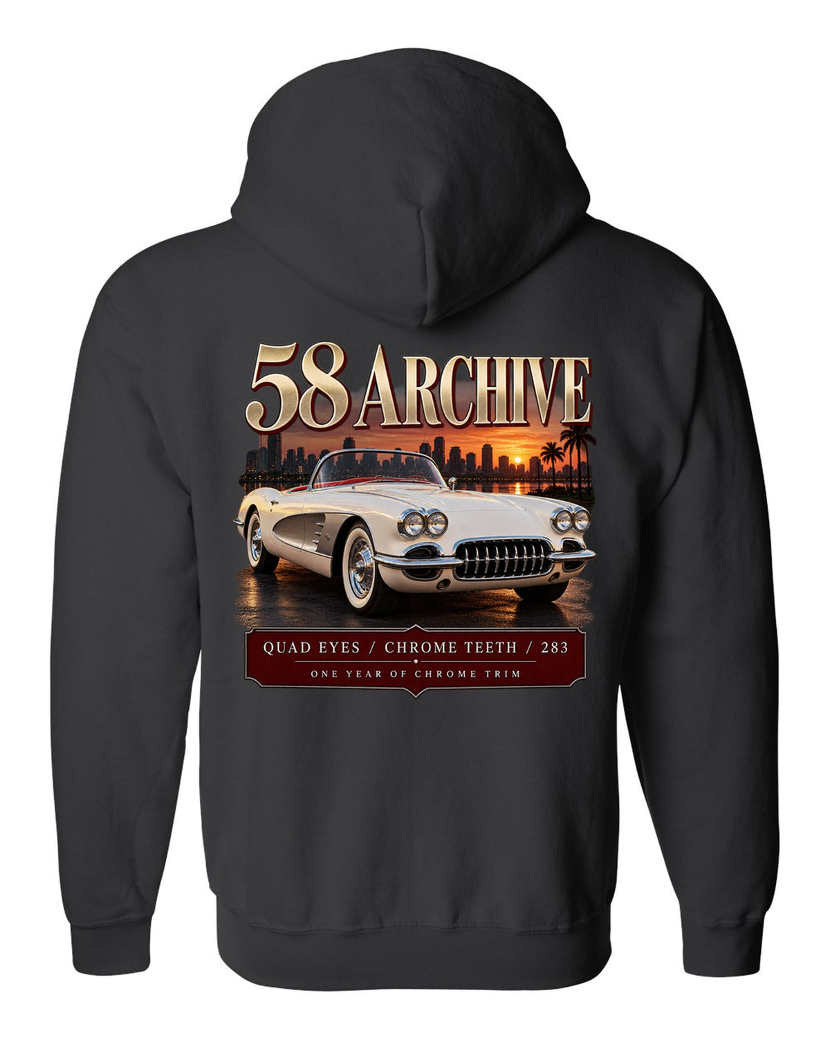 Chevrolet Corvette C1 1958 convertible archive panel print with quad headlights black zip hoodie back view with the design