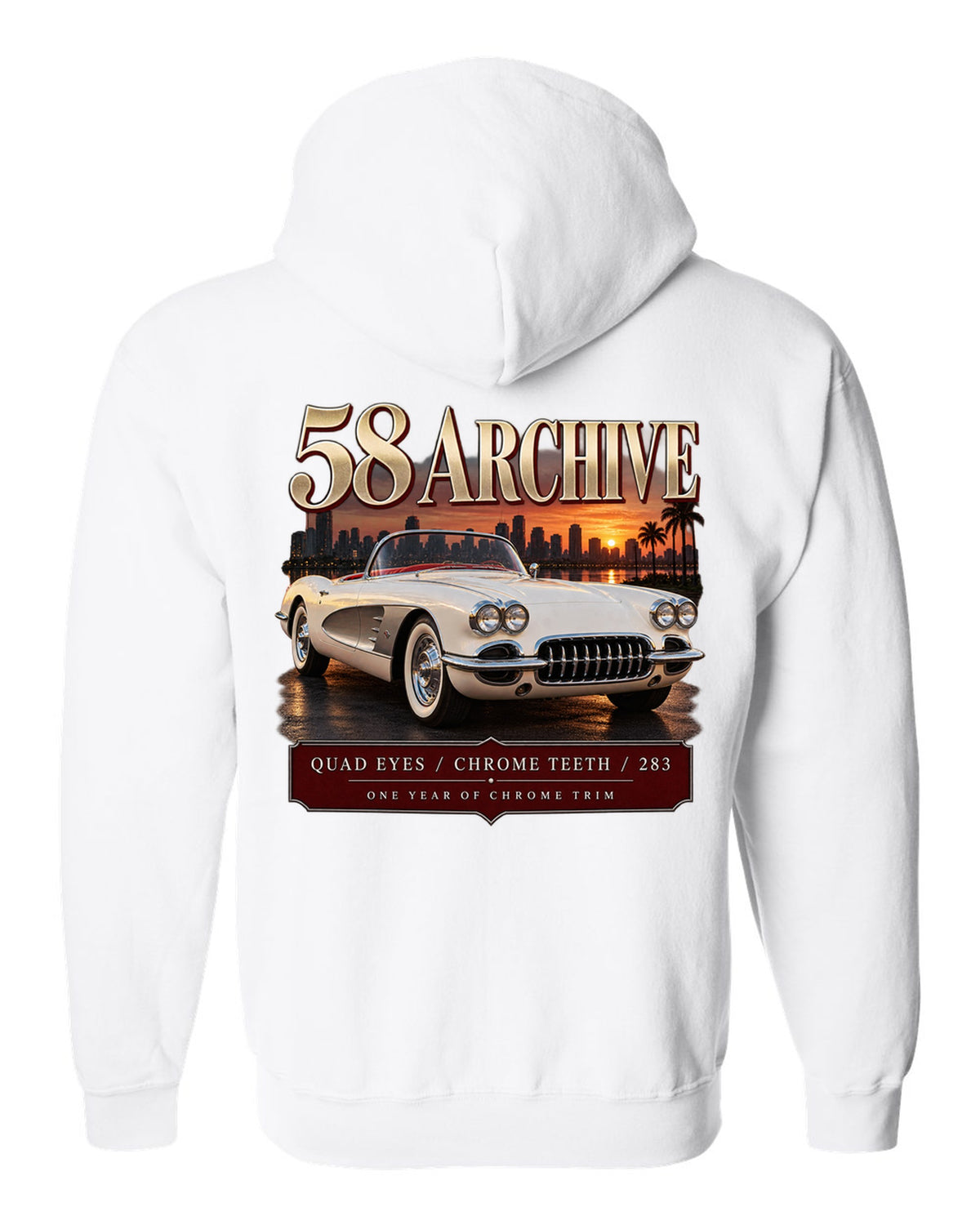 Chevrolet Corvette C1 1958 convertible archive panel print with quad headlights white zip hoodie back view with the design