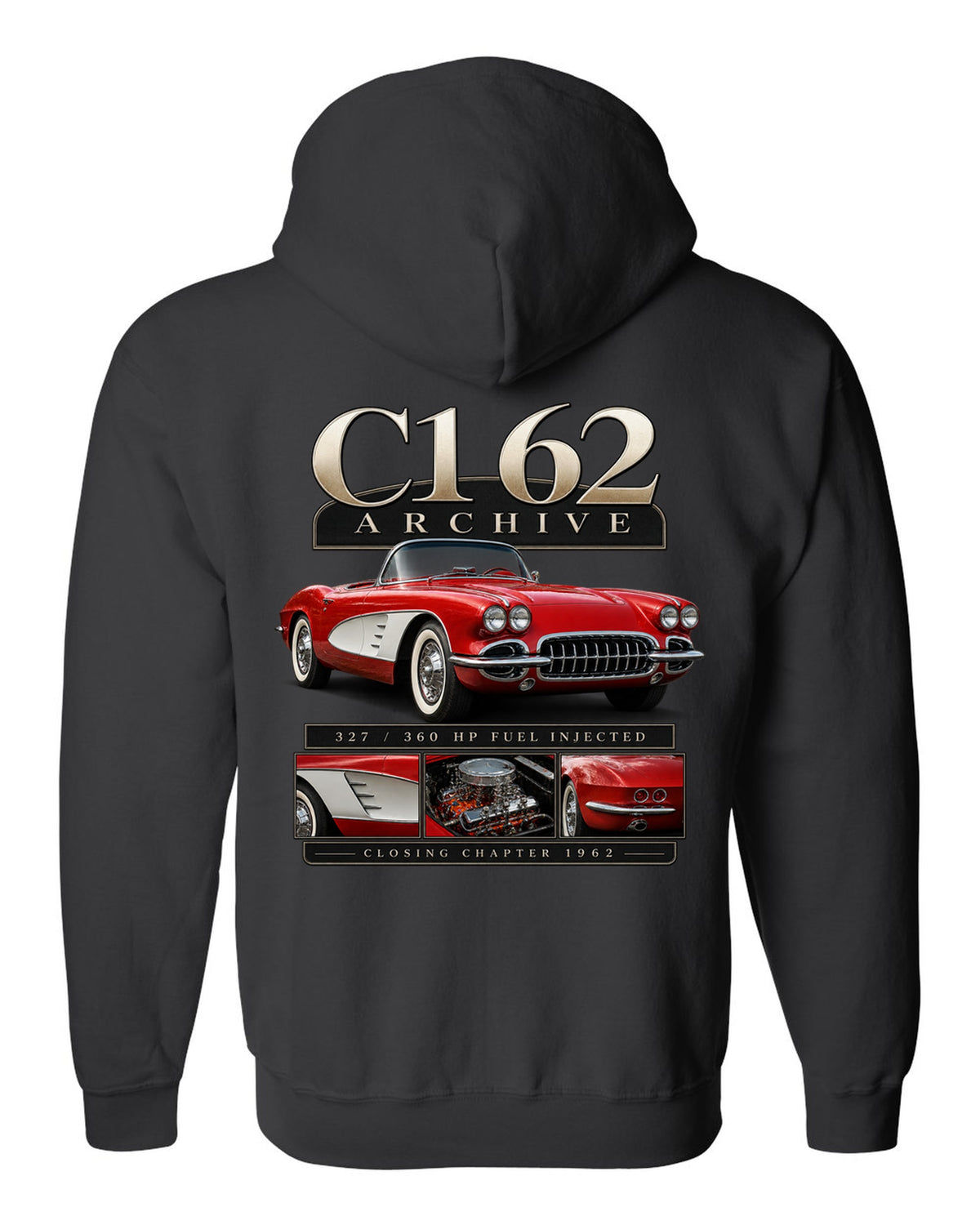 Corvette C1 1962 solid-axle roadster archive panel black zip hoodie back view with the design