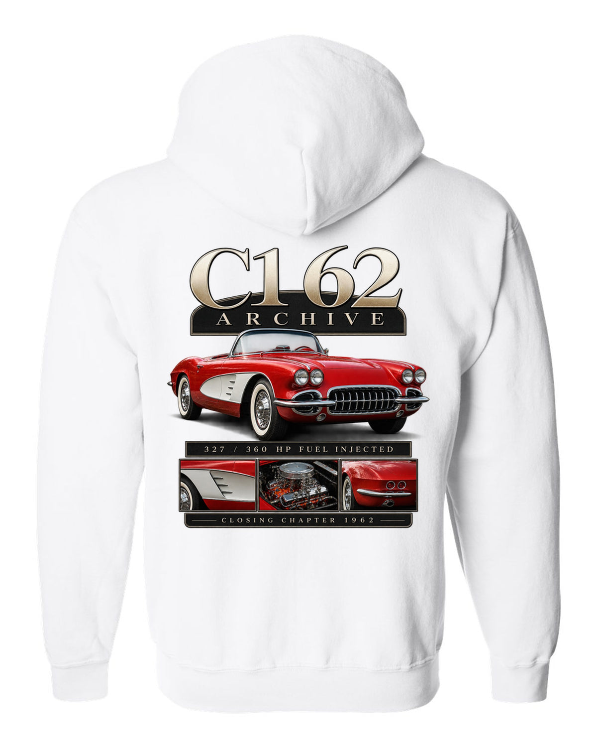 Corvette C1 1962 solid-axle roadster archive panel white zip hoodie back view with the design