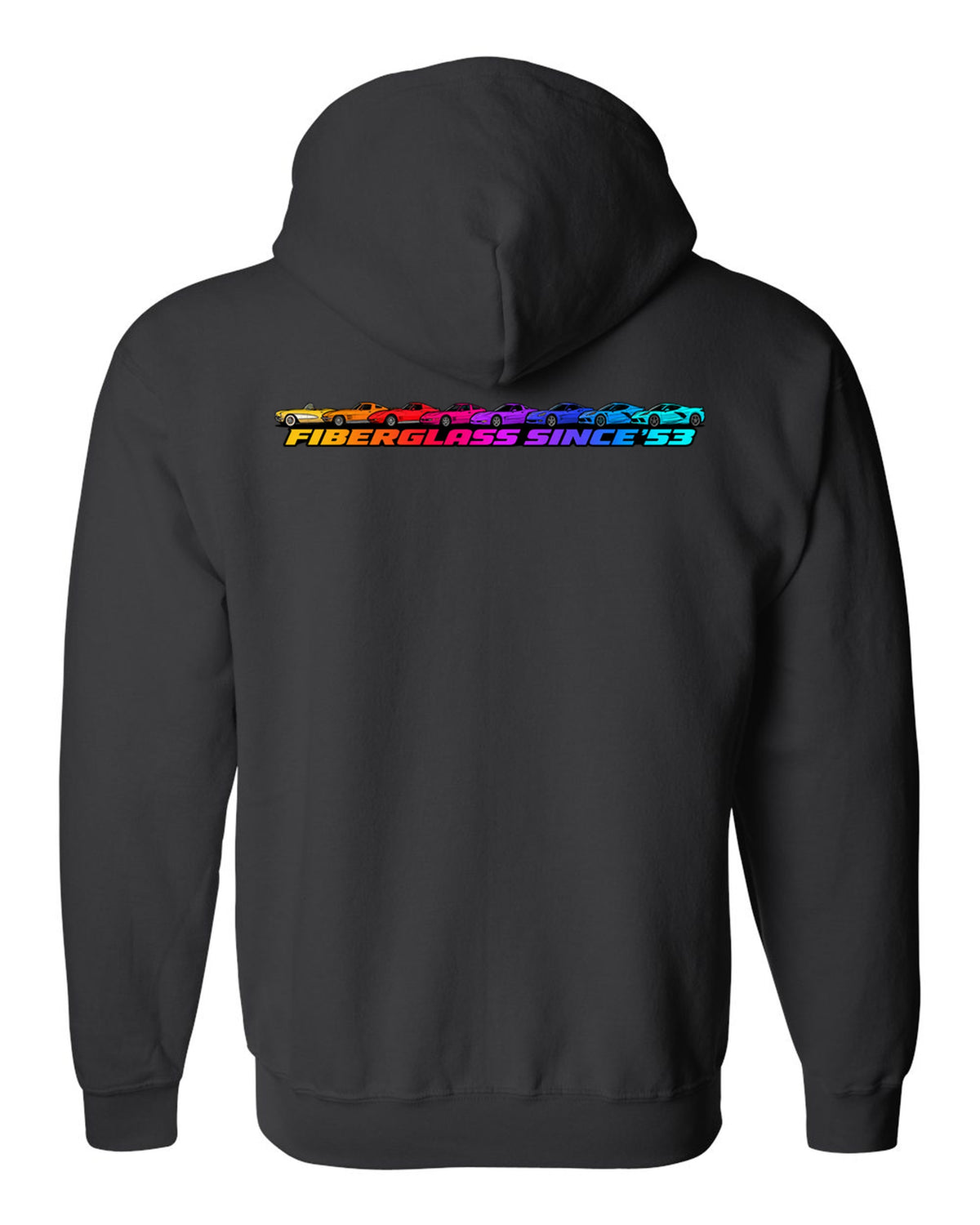 Flat gradient silhouette lineup of eight Chevrolet Corvette generations C1 to C8 with Fiberglass Since '53 text black zip hoodie back view with the design