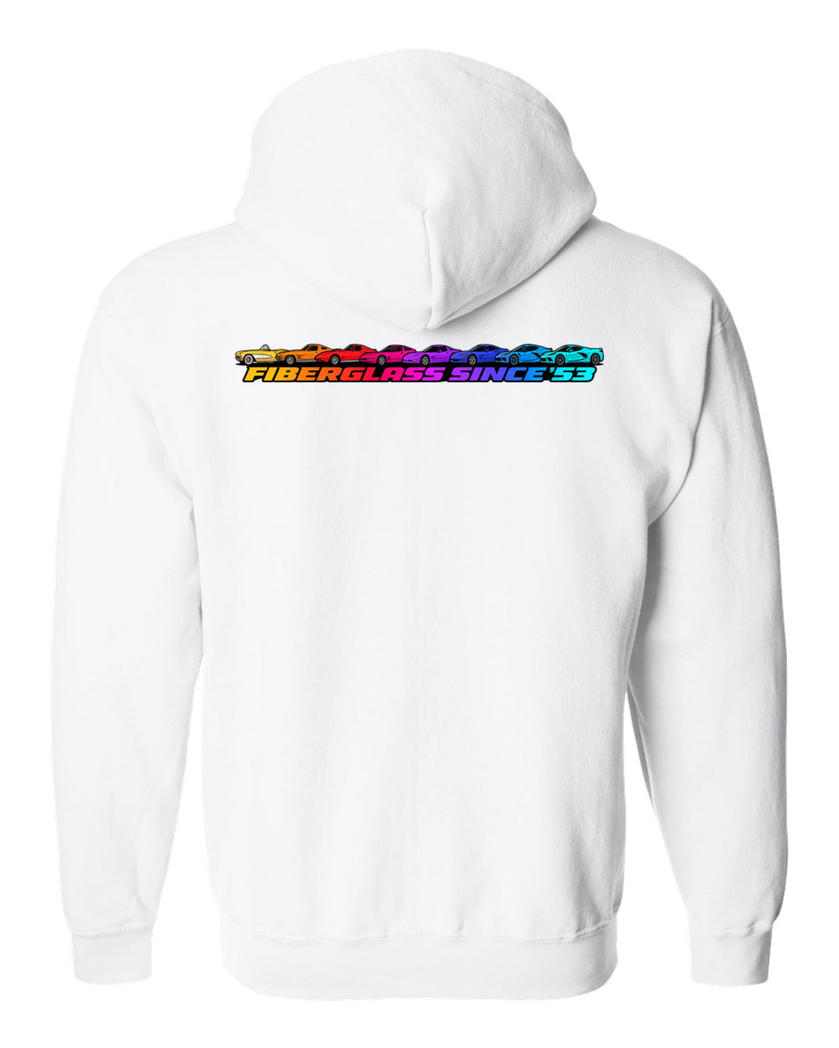Flat gradient silhouette lineup of eight Chevrolet Corvette generations C1 to C8 with Fiberglass Since '53 text white zip hoodie back view with the design