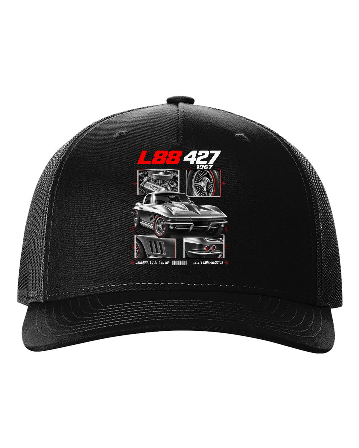 Chevrolet Corvette C2 Sting Ray 1967 L88 427 dossier print black hat front view with the design