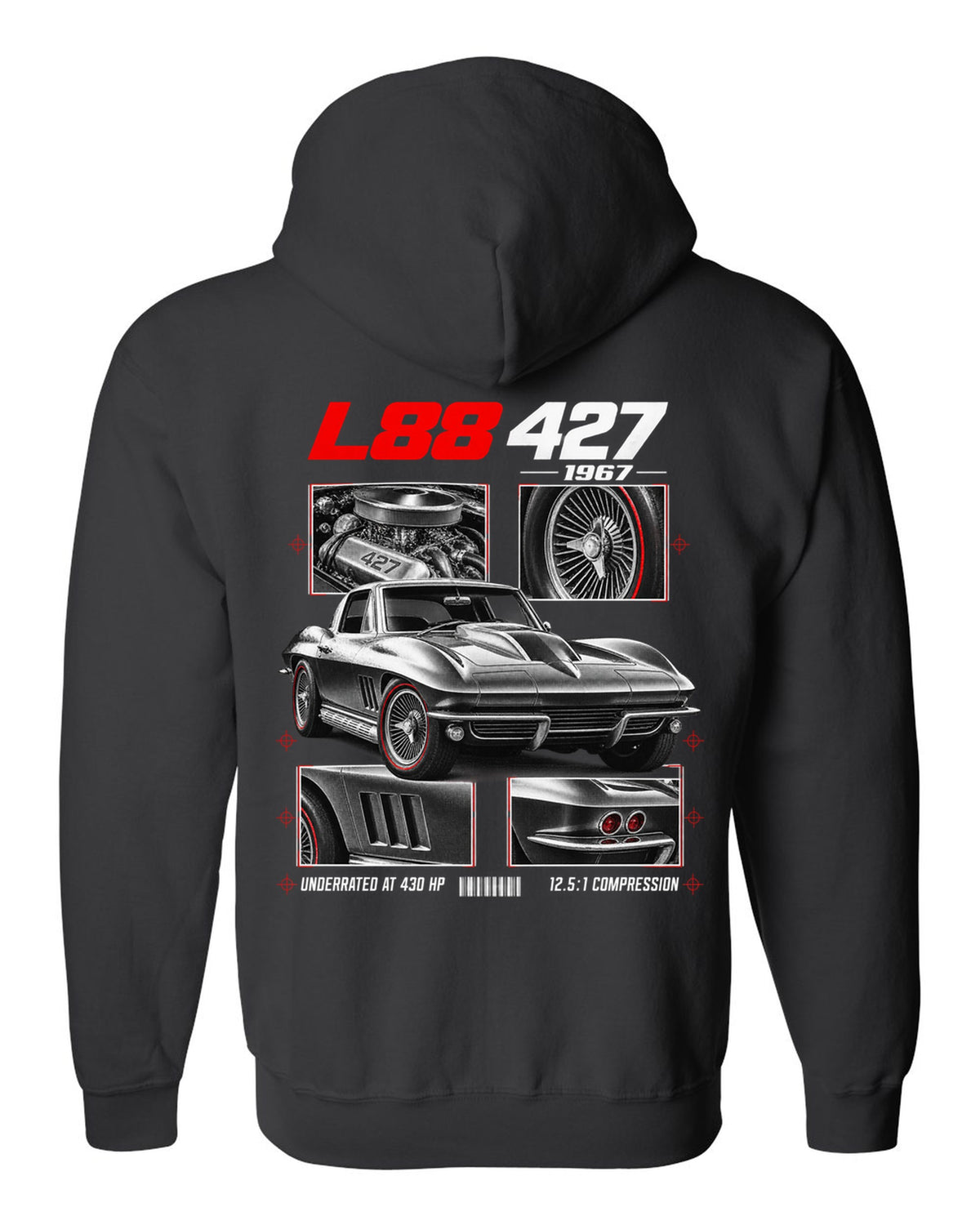 Chevrolet Corvette C2 Sting Ray 1967 L88 427 dossier print black zip hoodie back view with the design