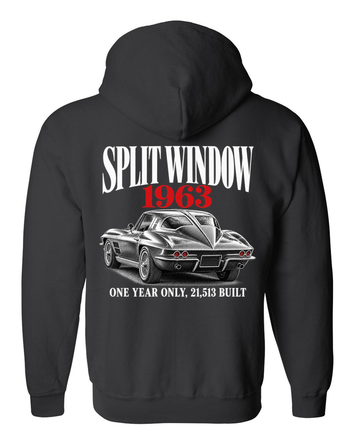 Chevrolet Corvette C2 Sting Ray 1963 split-window coupe editorial print black zip hoodie back view with the design