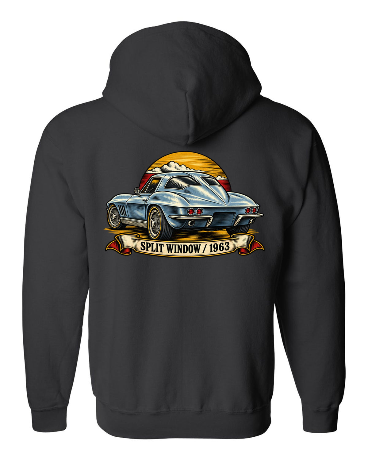 Woodcut linocut rear view print of the 1963 Corvette C2 Sting Ray split-window coupe black zip hoodie back view with the design