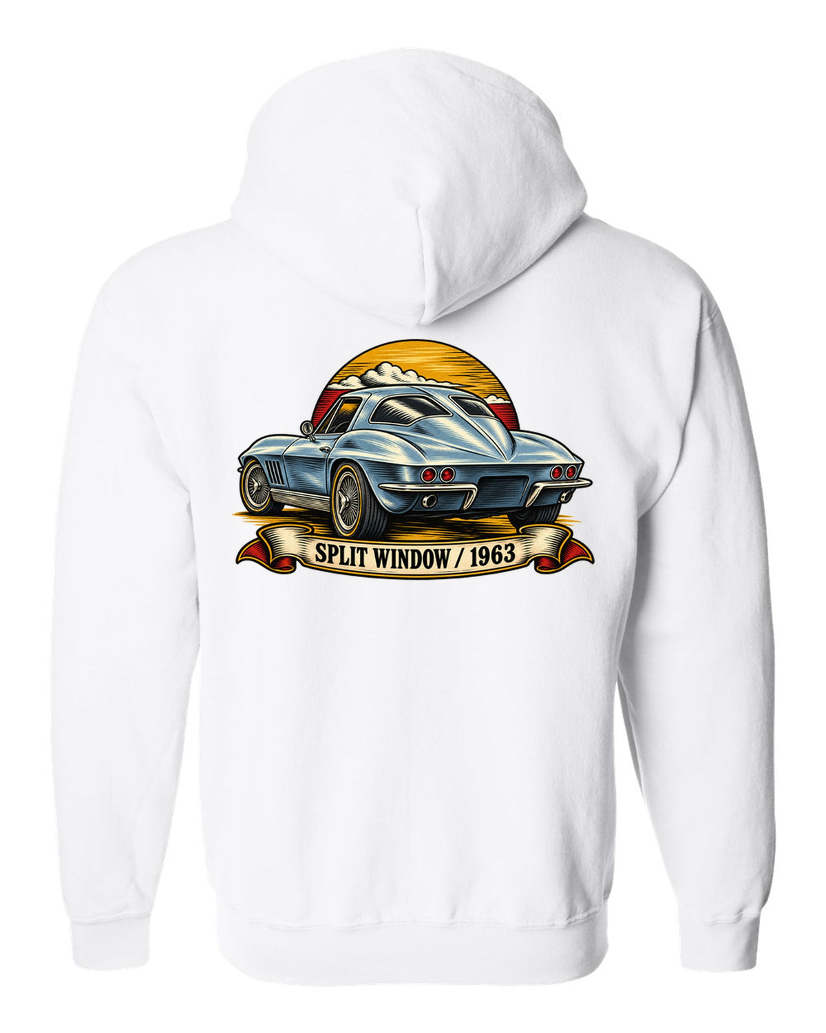 Woodcut linocut rear view print of the 1963 Corvette C2 Sting Ray split-window coupe white zip hoodie back view with the design