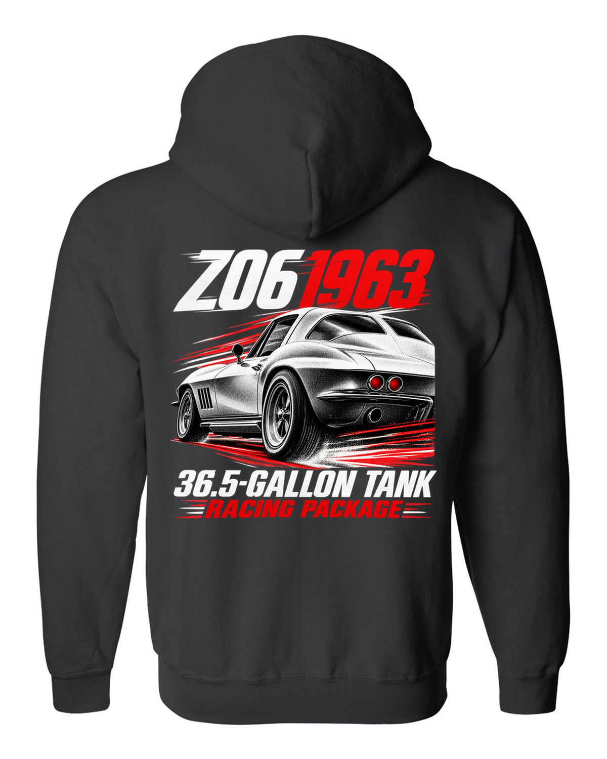 Corvette C2 Sting Ray 1963 Z06 racing package race poster black zip hoodie back view with the design