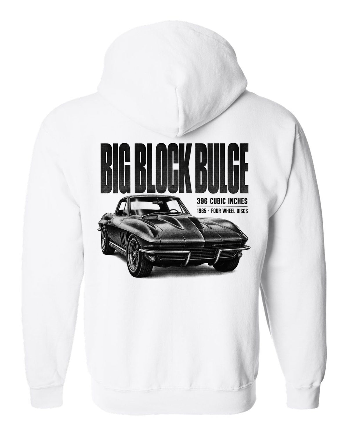 Chevrolet Corvette C2 Sting Ray 1965 big-block 396 hood bulge halftone print white zip hoodie back view with the design