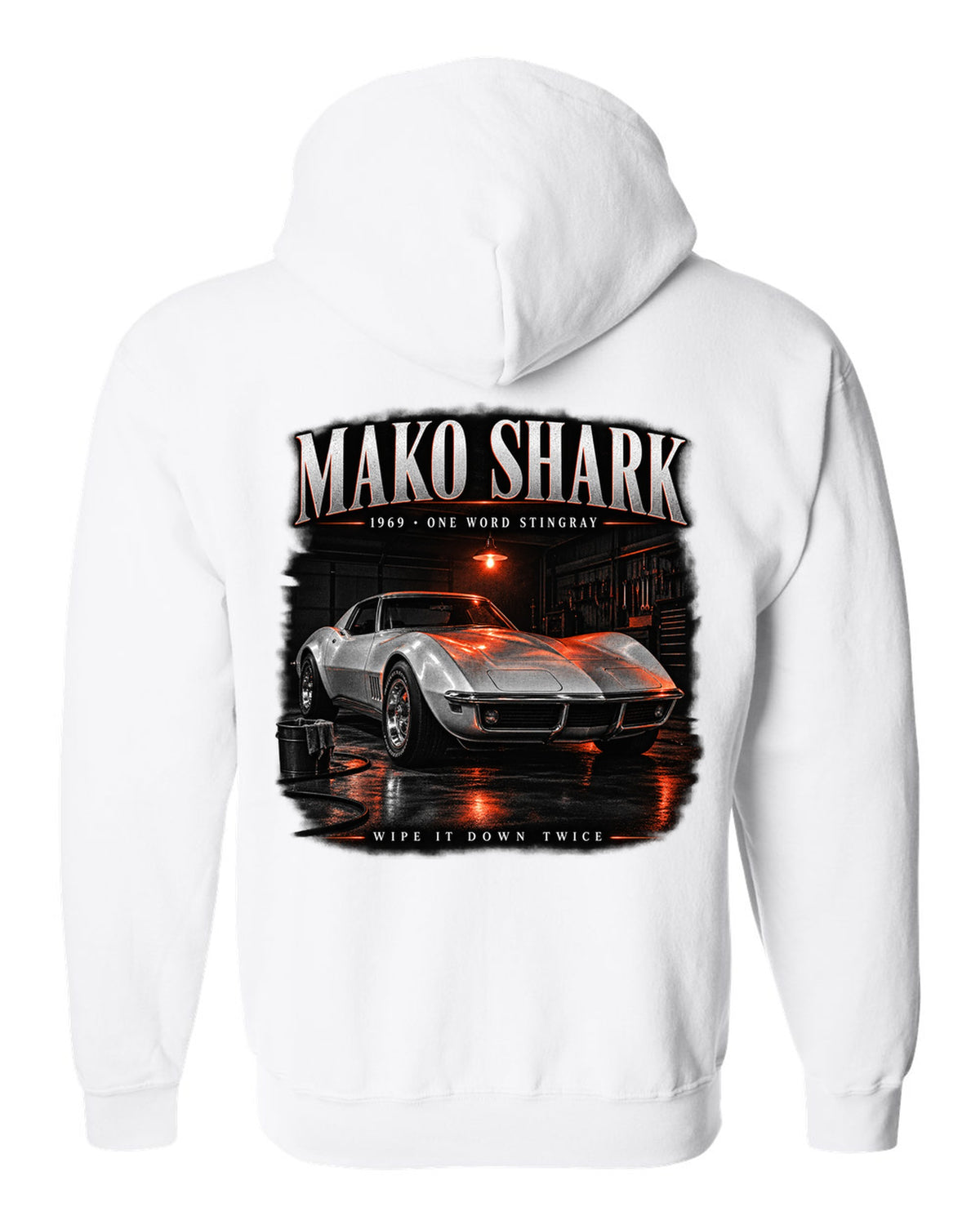 Chevrolet Corvette C3 Stingray 1969 coupe garage night print Mako Shark white zip hoodie back view with the design