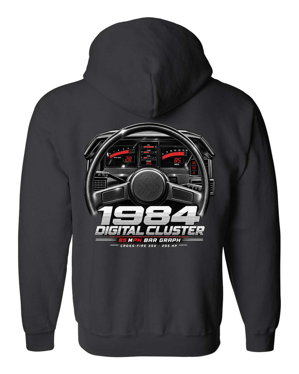 Chevrolet Corvette C4 1984 digital dash cluster cockpit print black zip hoodie back view with the design
