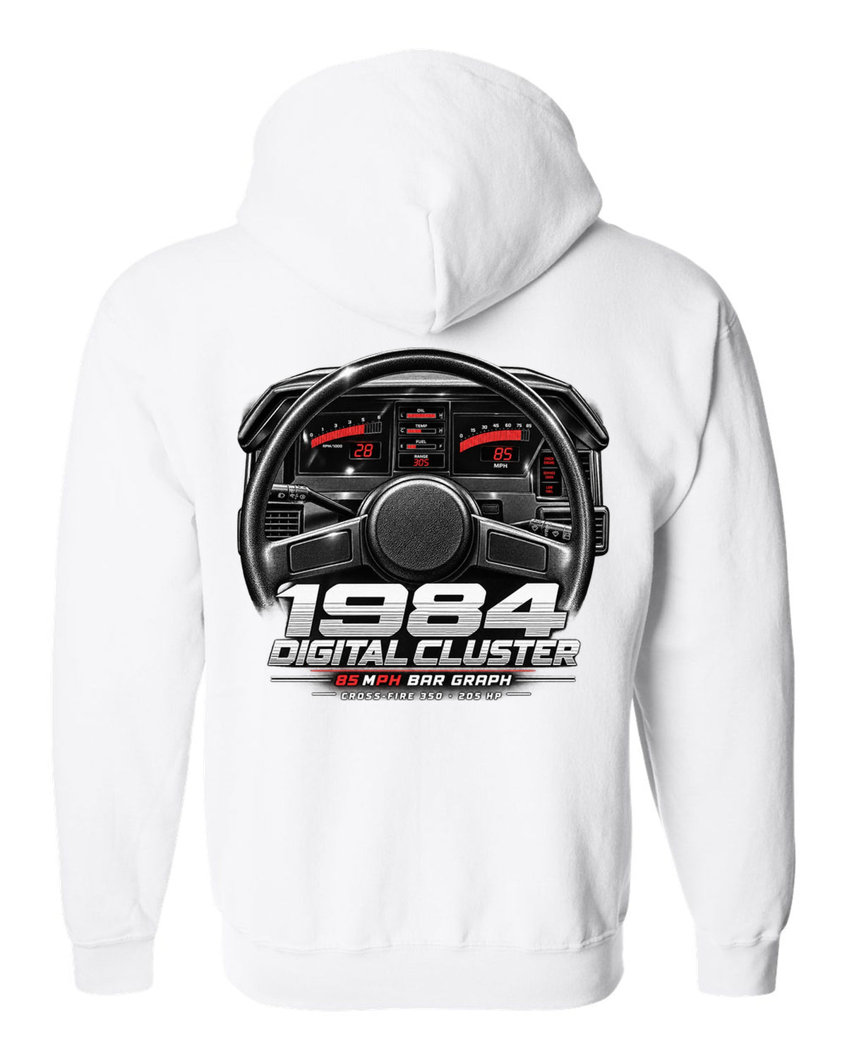 Chevrolet Corvette C4 1984 digital dash cluster cockpit print white zip hoodie back view with the design