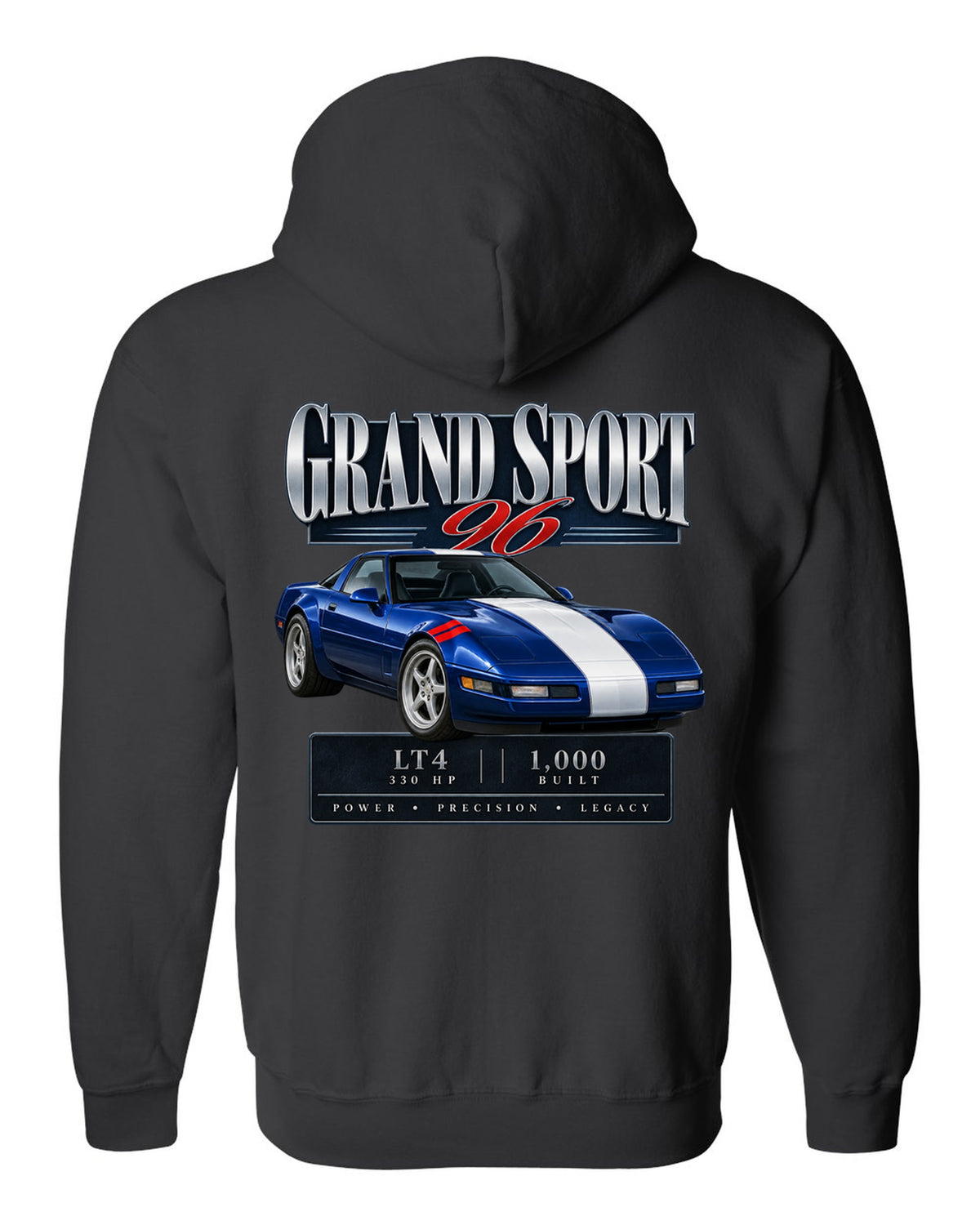 Chevrolet Corvette C4 Grand Sport 1996 archive panel print black zip hoodie back view with the design