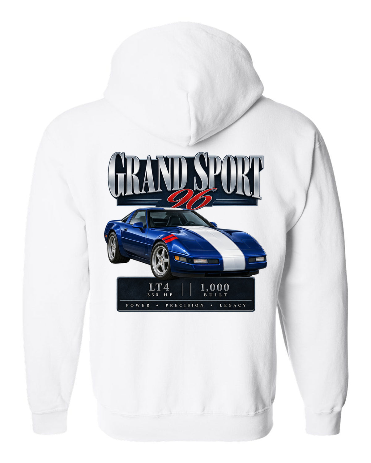 Chevrolet Corvette C4 Grand Sport 1996 archive panel print white zip hoodie back view with the design