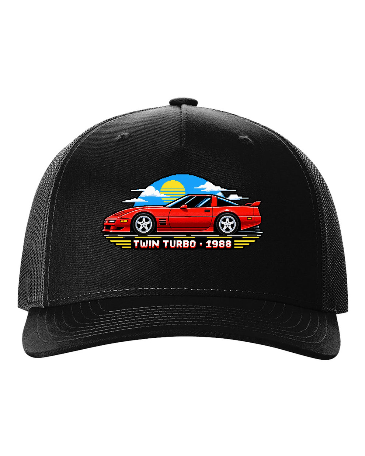 16-bit pixel art of a 1988 C4-based twin-turbo Corvette with pop-up headlights black hat front view with the design