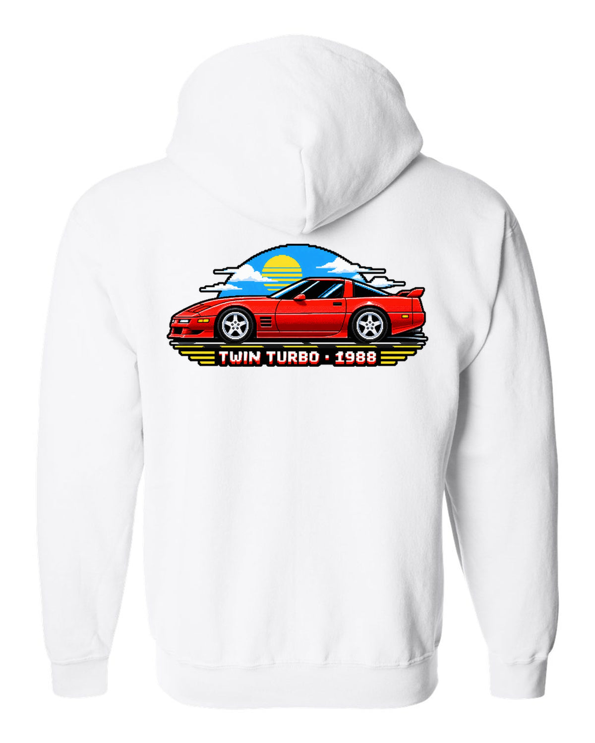 16-bit pixel art of a 1988 C4-based twin-turbo Corvette with pop-up headlights white zip hoodie back view with the design