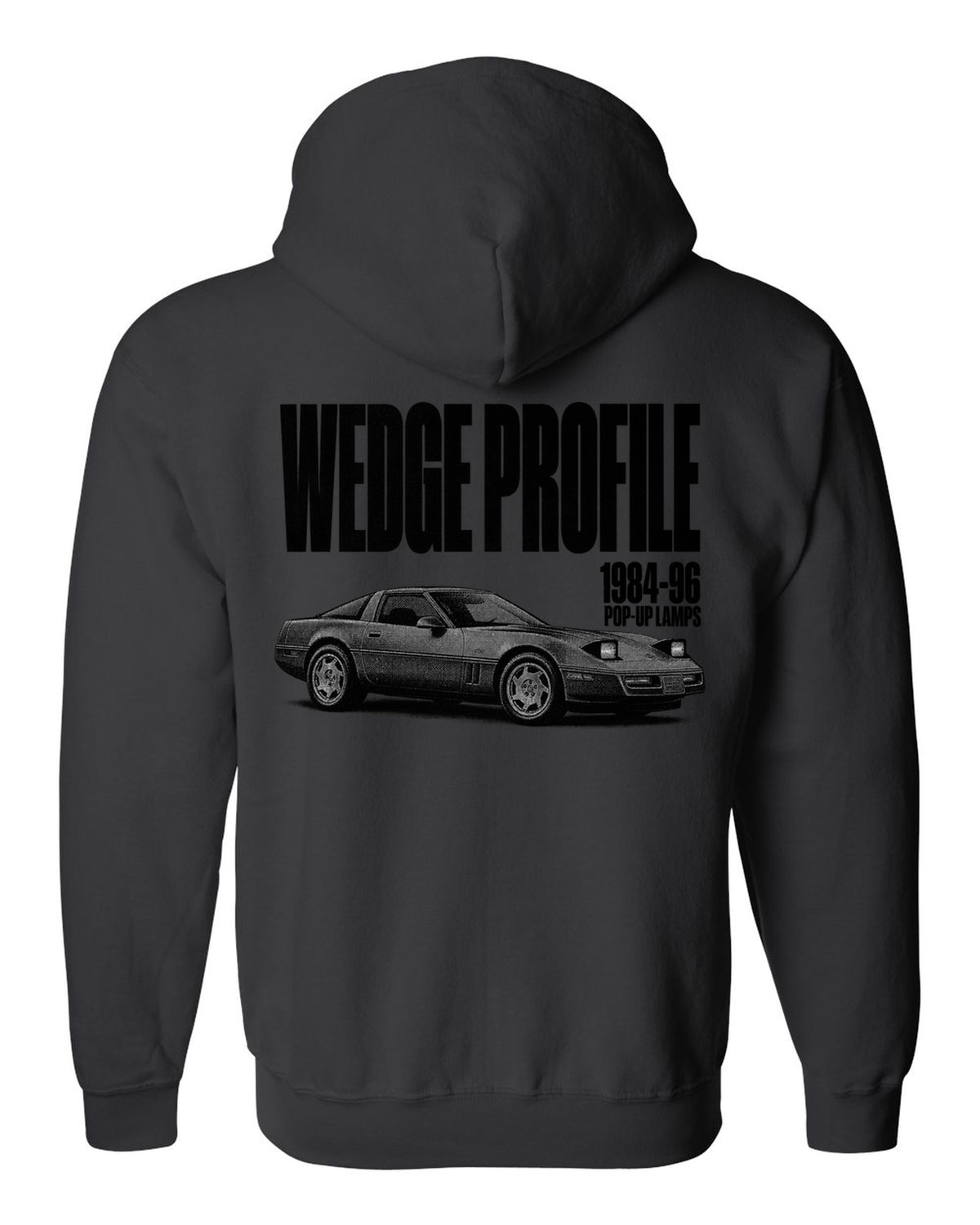 Chevrolet Corvette C4 1989 coupe wedge profile halftone print black zip hoodie back view with the design
